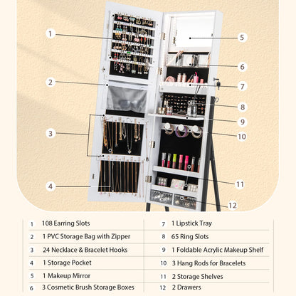 CHARMAID LED Strip Jewelry Armoire with 47.2" H Full Length Mirror, Lockable Jewelry Cabinet Organizer with 3-Color Lights, 3 Brush Boxes, 2 Drawers, Bottom Storage Shelf, Metal Frame (White) - WoodArtSupply