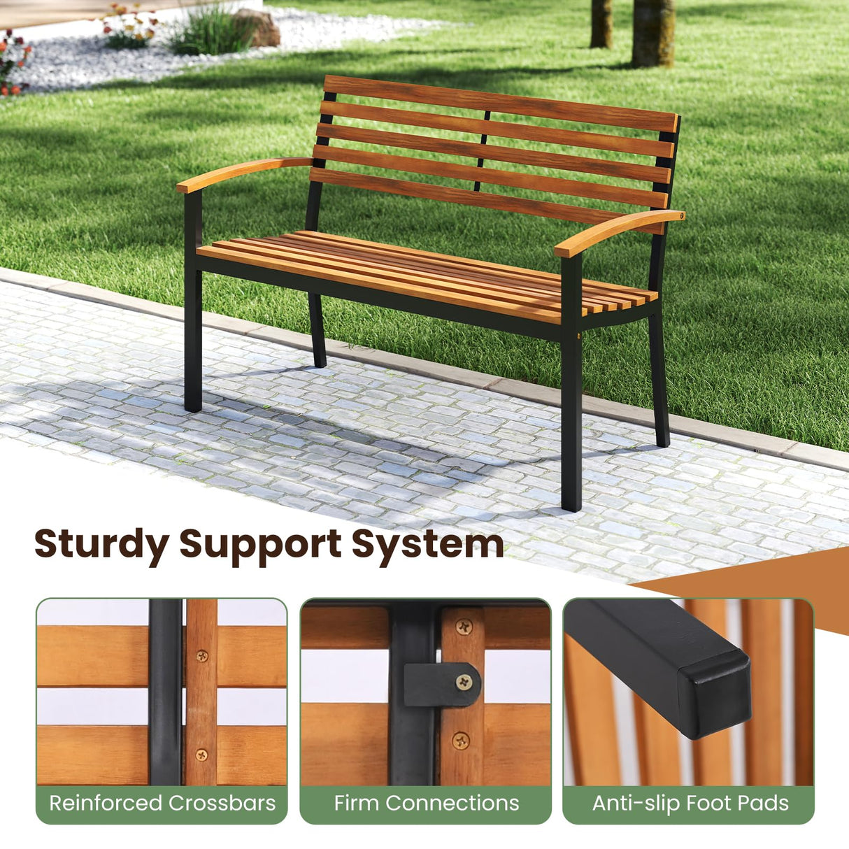 Tangkula 43" Outdoor Garden Bench, 2-Person Acacia Wood Bench with Heavy-Duty Metal Frame, Slatted Seat & Curved Armrests, 800 lbs Weight Capacity, Patio Bench for Porch, Yard, Balcony, Lawn Tangkula