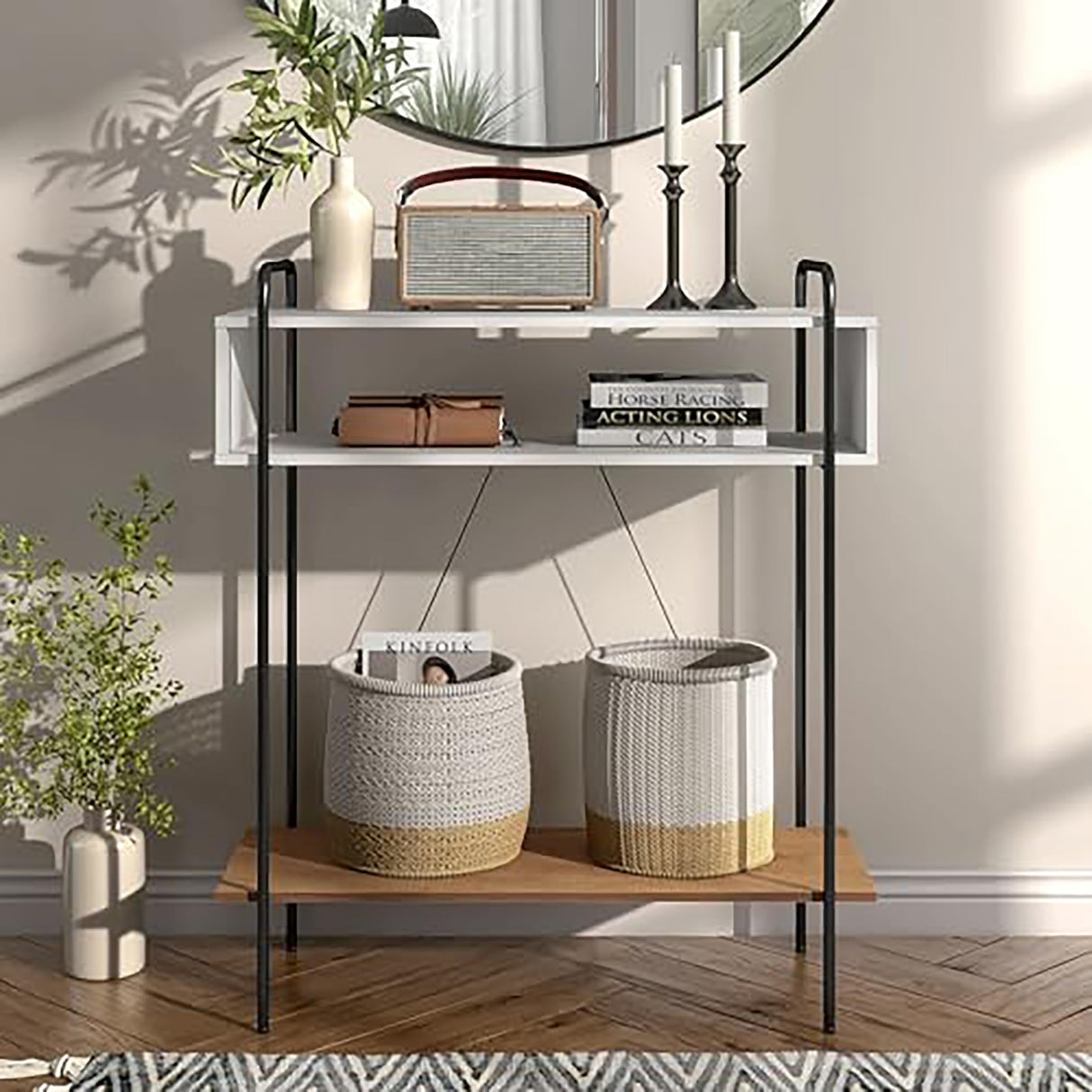 Furniture of America Alyia Modern 36 inch High Console Table with Storage Shelves and Metal Frame Legs for Living Room, Entryway, Hallway, Office, Corridor, Foyer, White Pure & Distressed Oak Furniture of America