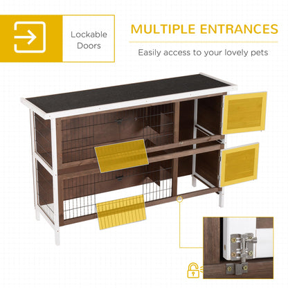 PawHut 54" 2-Story Large Rabbit Hutch Bunny Cage Wooden Pet House Small Animal Habitat with Lockable Doors, No Leak Tray and Waterproof Roof for Outdoor/Indoor Brown