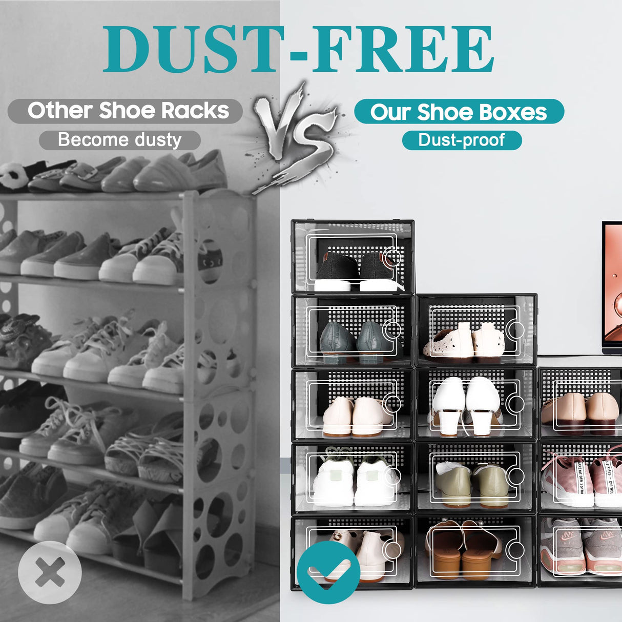Kuject Large Shoe Organizers Storage Boxes for Closet, 12 Pack Clear Plastic Stackable Storage Bins with Lids, Under Bed Shoe Containers for Entryway, Drop Front, Fit up to Women's Size 10,Black Kuject