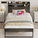 Elephance Twin Bed Frames with Charging Station and Storage Headboard, No Box Spring Needed, Noise Free, Easy Assembly Elephance