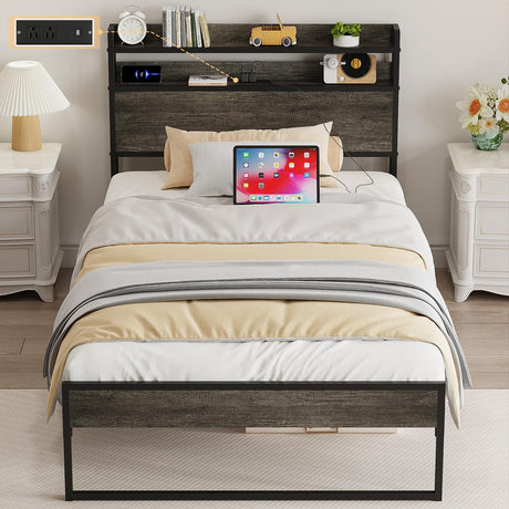 Elephance Twin Bed Frames with Charging Station and Storage Headboard, No Box Spring Needed, Noise Free, Easy Assembly Elephance