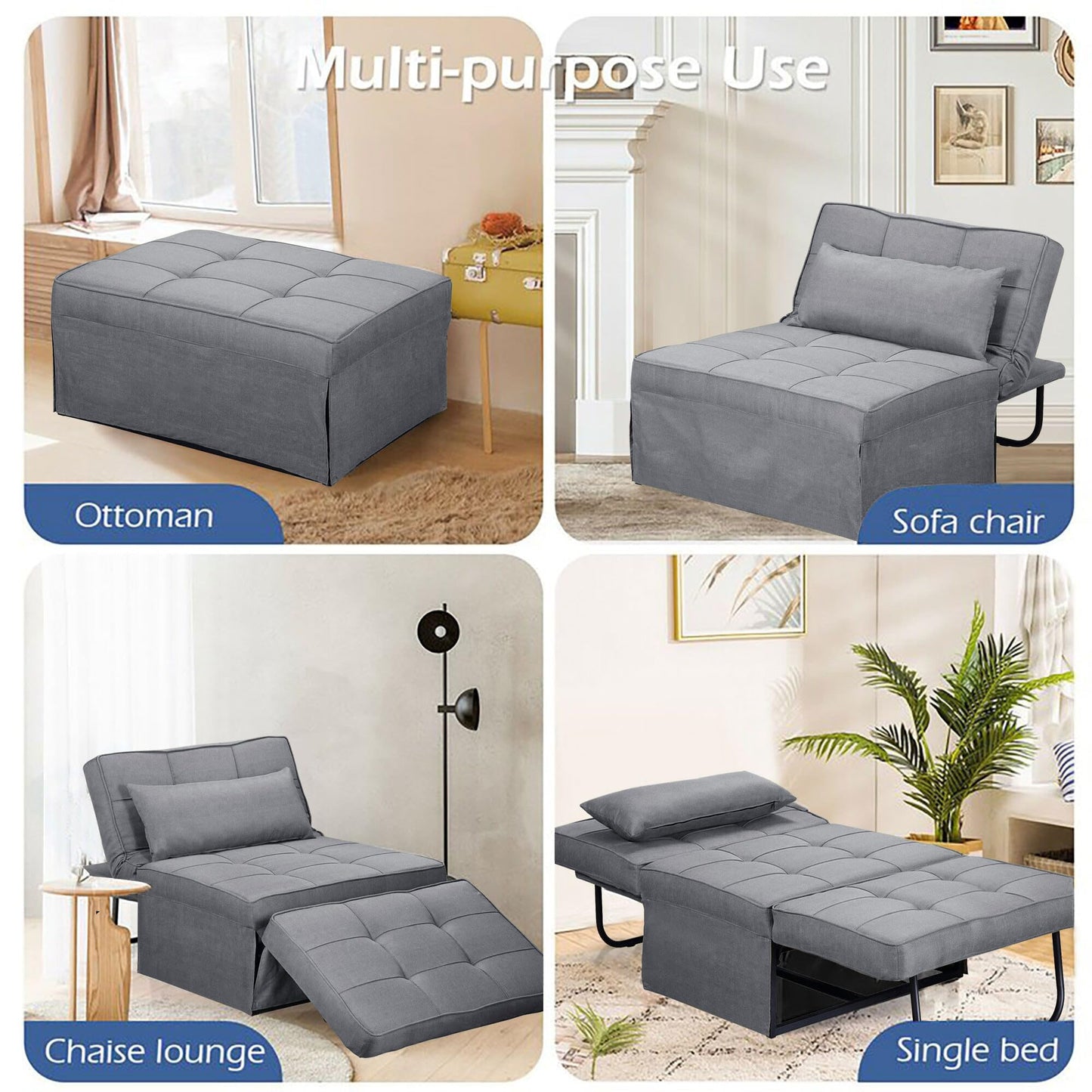 Ainfox Convertible Sofa Bed, 4 in 1 Multi-Function Folding Ottoman Bed with Adjustable Backrest, Modern Futon Couch No Assembly for Living Room Apartment Office Small Space (Light Grey)