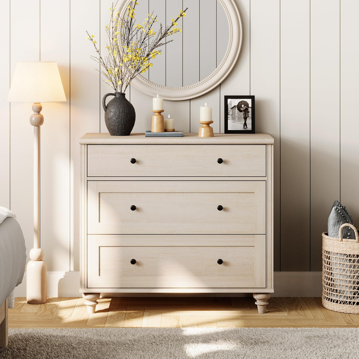 WAMPAT Dresser for Bedroom with 3 Drawers, Kids Dressers with Wide Chest of Drawers, Mid Century Modern Wooden Closet Storage Organizer, Small Dressers for Nursery, Hallway, Living Room, Light Oak WAMPAT