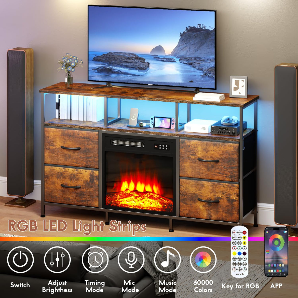 Fireplace TV Stand with 4 Fabric Drawers, TV Stand Dresser with Power Outlets and LED Lights, Fireplace Entertainment Center with Open Shelf for 43,50 Inch TV, for Living Room, Bedroom, Rustic Brown PUKAMI