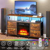 Fireplace TV Stand with 4 Fabric Drawers, TV Stand Dresser with Power Outlets and LED Lights, Fireplace Entertainment Center with Open Shelf for 43,50 Inch TV, for Living Room, Bedroom, Rustic Brown PUKAMI