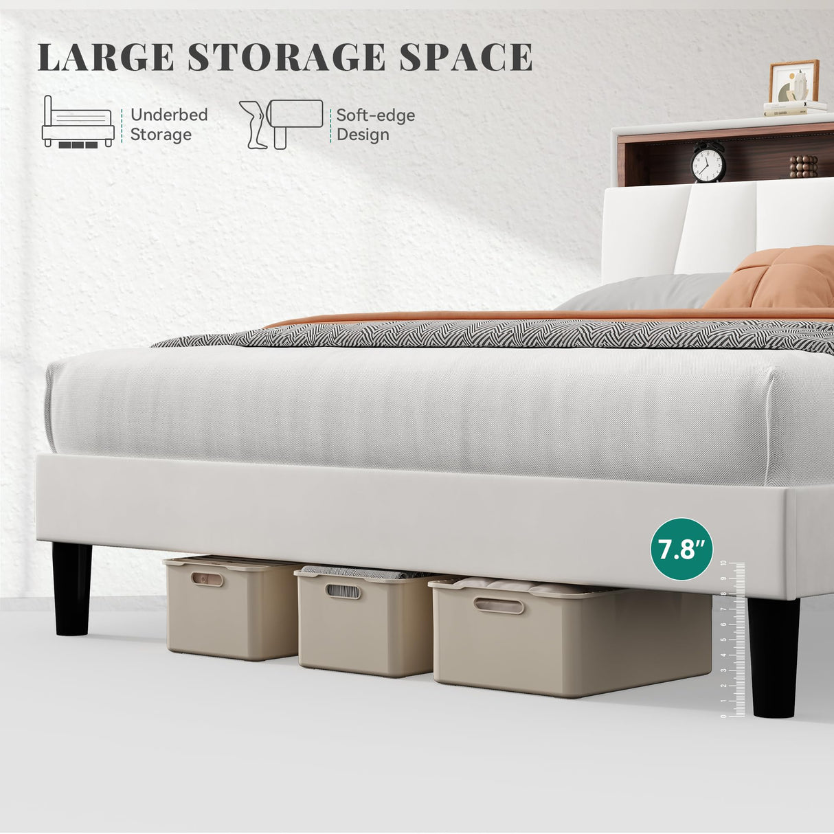 DWVO Queen Size Bed Frame with Storage, LED Headboard, Platform Bed with Outlet & USB Ports, No Box Spring Needed, Easy Assembly (Beige) DWVO