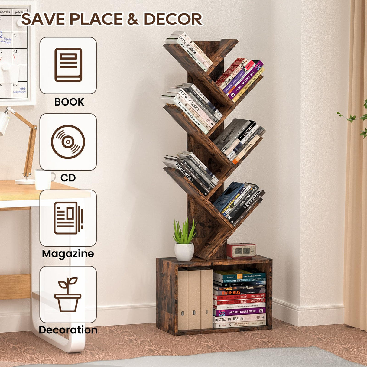 Sturdy Retro Tree Bookshelf by ART-GIFTREE – 6 Tier Floor Standing Bookcase for Home and Office Storage ART-GIFTREE