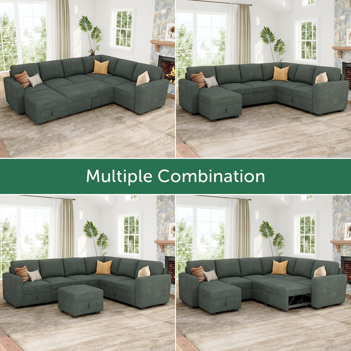 HONBAY Modular Sectional Sleeper Sofa with Pull Out Bed, Corduroy Couch with Storage Seats Ottoman, U Shaped Sectional Couches for Living Room, Green HONBAY