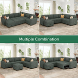 HONBAY Modular Sectional Sleeper Sofa with Pull Out Bed, Corduroy Couch with Storage Seats Ottoman, U Shaped Sectional Couches for Living Room, Green HONBAY