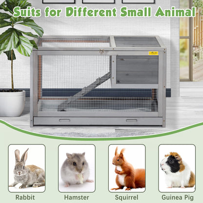 COZIVVOVV 2 Story Wooden Rabbit Hutch Indoor&Outdoor Bunny Cage with Pull Out Tray, Openable Roof, Side Door and Anti-Slip Ramp, Small Animal House(Grey) - WoodArtSupply