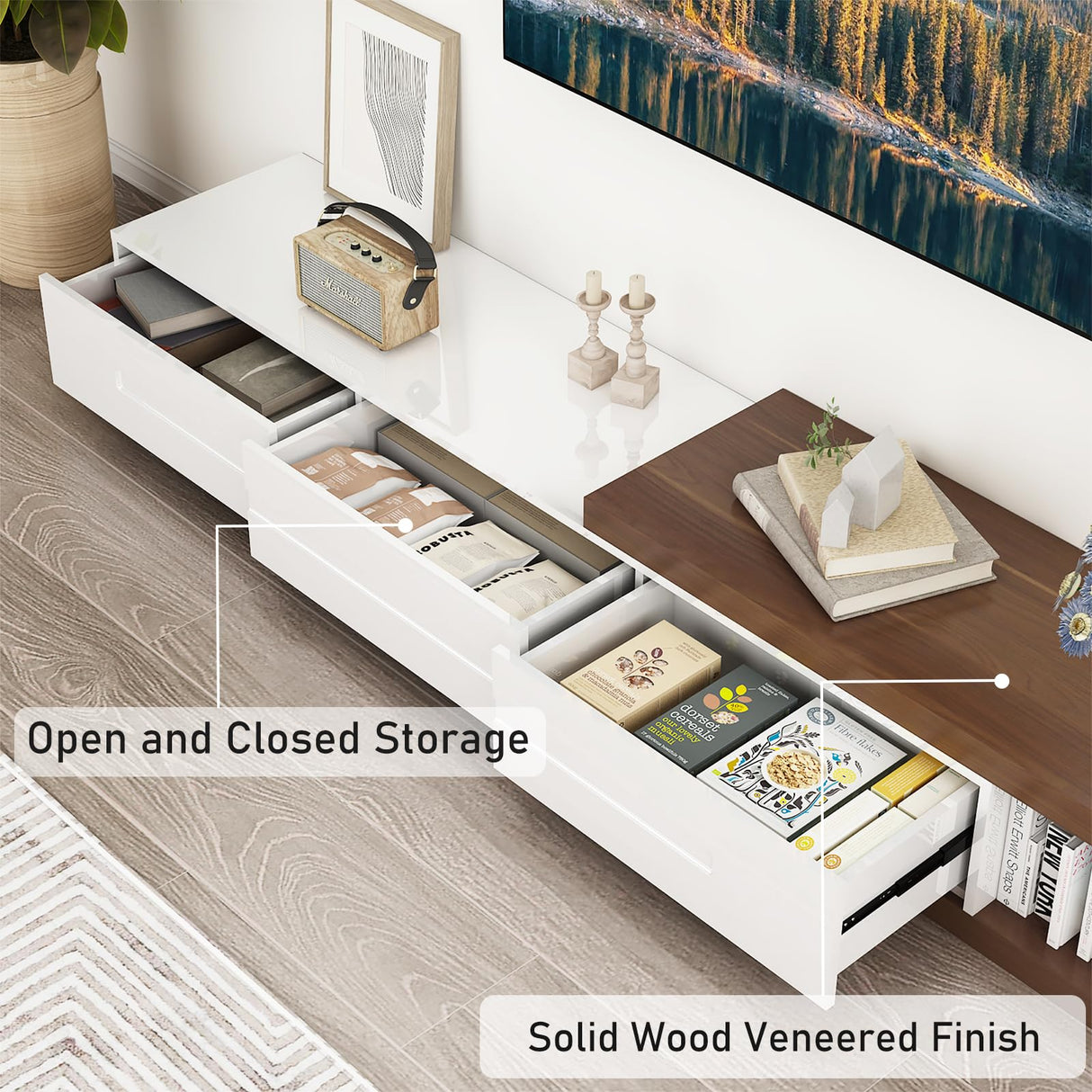 Hlivelood Extendable TV Stand, Modern Entertainment Center for Up to 120 Inch TV, Wood Reversible TV Media Console with 3 Drawers for Living Room Bedroom, 82-110" Hlivelood