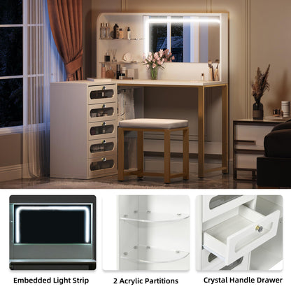 DWVO Vanity Desk with Drawers & LED Lighted Mirror 3 Lighting Mode & 48" L Shaped Corner White Vanity Set with Stool, 5 Glass Drawer Cabinet, Stylish Bedroom Makeup Table Set, White - WoodArtSupply