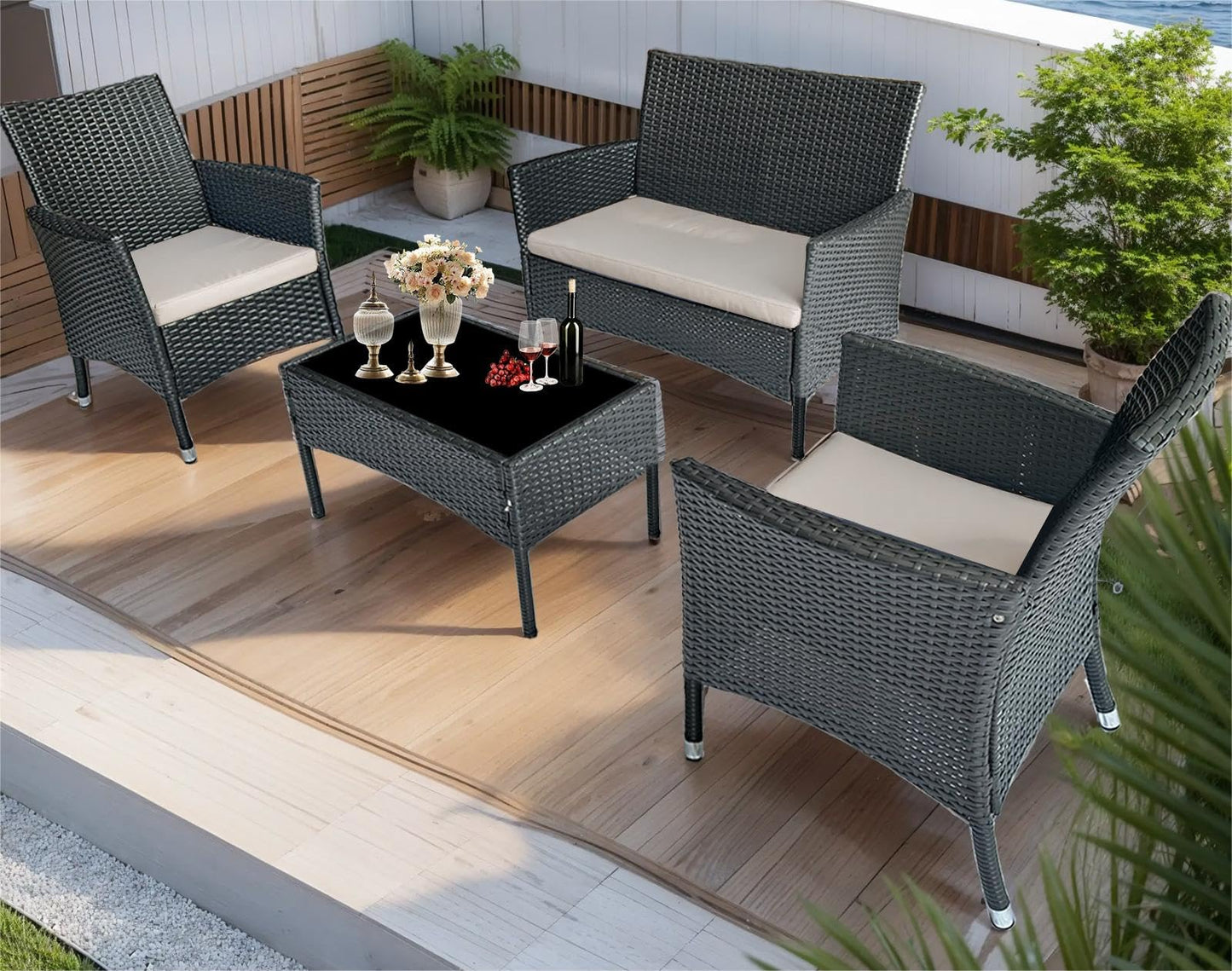 PatLoom 4-Piece Outdoor Furniture Set,Dark Brown Rattan Wicker Patio Sofa,Elegant Patio Conversation Set with Glass Top Coffee Table for Garden, Backyard, Poolside, Balcony (Beige Cushions) - WoodArtSupply