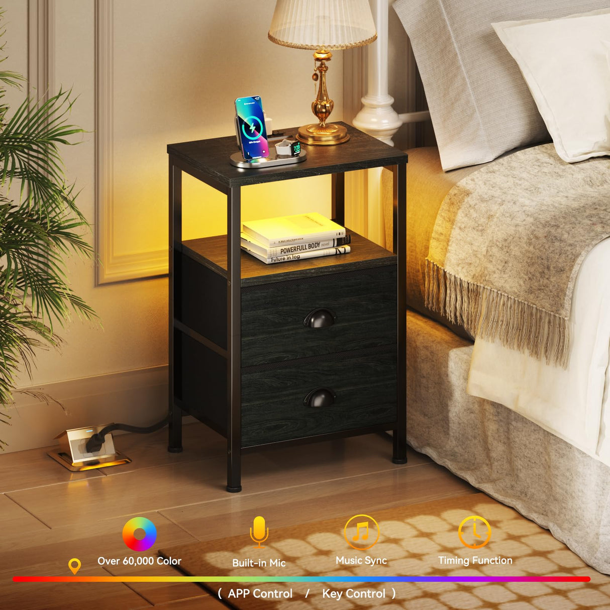 Furologee Nightstands with Charging Station, End Table with LED Lights, Black Night Stands with 2 Fabric Drawers, Bedside Tables with Shelves for Living Room/Bedroom,Black Oak Furologee