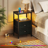 Furologee Nightstands with Charging Station, End Table with LED Lights, Black Night Stands with 2 Fabric Drawers, Bedside Tables with Shelves for Living Room/Bedroom,Black Oak Furologee