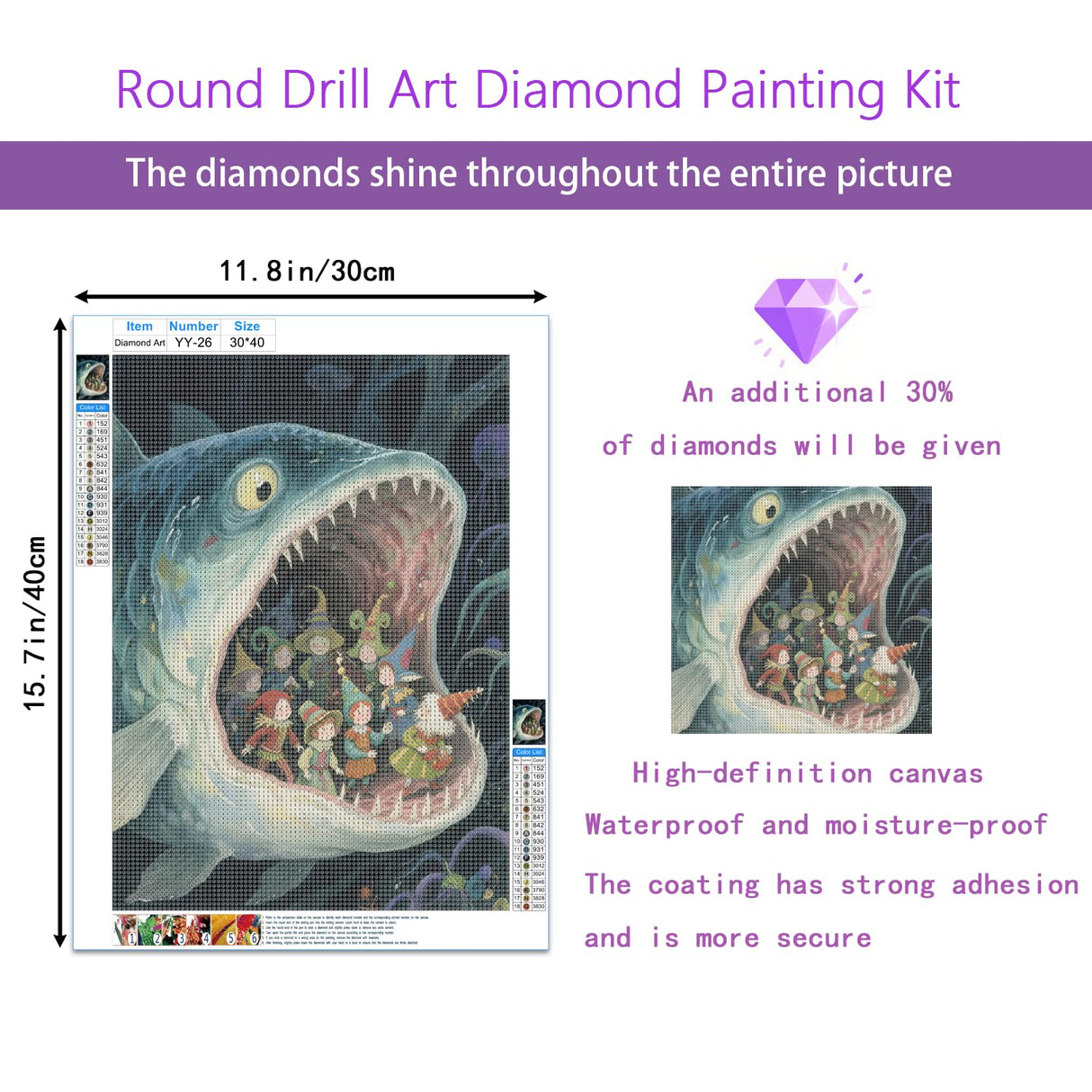 Giant Monster Fish 5D Diamond Painting Kit for Adults，Fantasy Deep Sea Shark Full Drill DIY Round Gem Art Diamond Art Kits Painting Crafts Ideal for Beginners and Home Wall Decor 12X16inch PUSHPIN PAINTING
