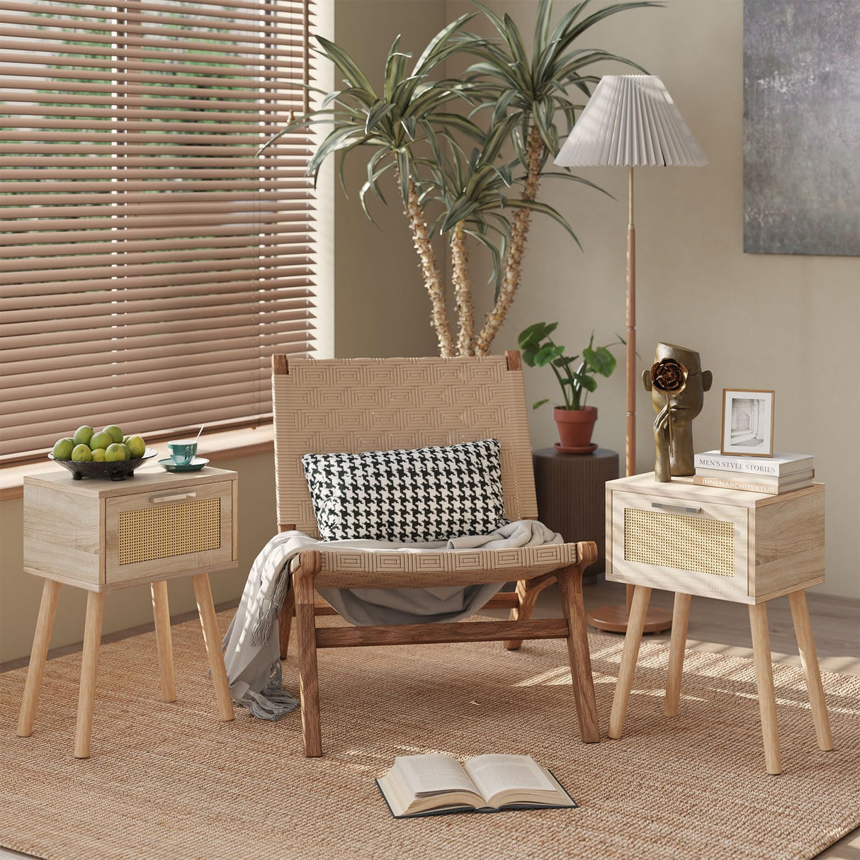 YMYNY Nightstand Set of 2, End Table, Small Bedside Table, Handmade Rattan Decorated Drawer, Solid Wood Legs, Modern Side Table for Bedroom and Small Spaces, Natural UHST010N-2 YMYNY