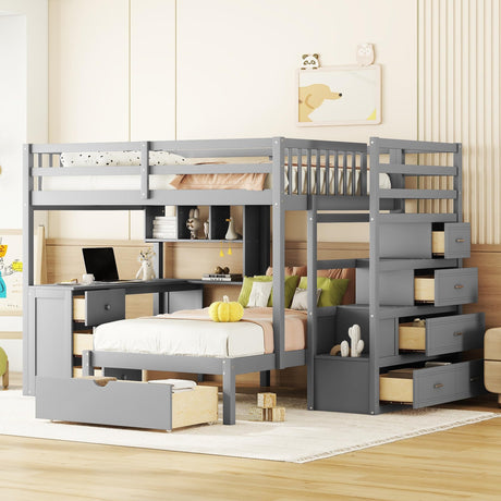 Harper & Bright Designs Full Over Twin Bunk Bed with Stairs, Storage Drawers, Full Size Loft Bed Frame with Desk and Shelves, Gray Harper & Bright Designs