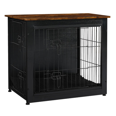 DWANTON Dog Crate Furniture with Cushion, Wooden Dog Crate with Double Doors, Dog Furniture, Dog Kennel Indoor for Small Dog，End Table, 27.2" L, Black+Rustic Brown Dwanton