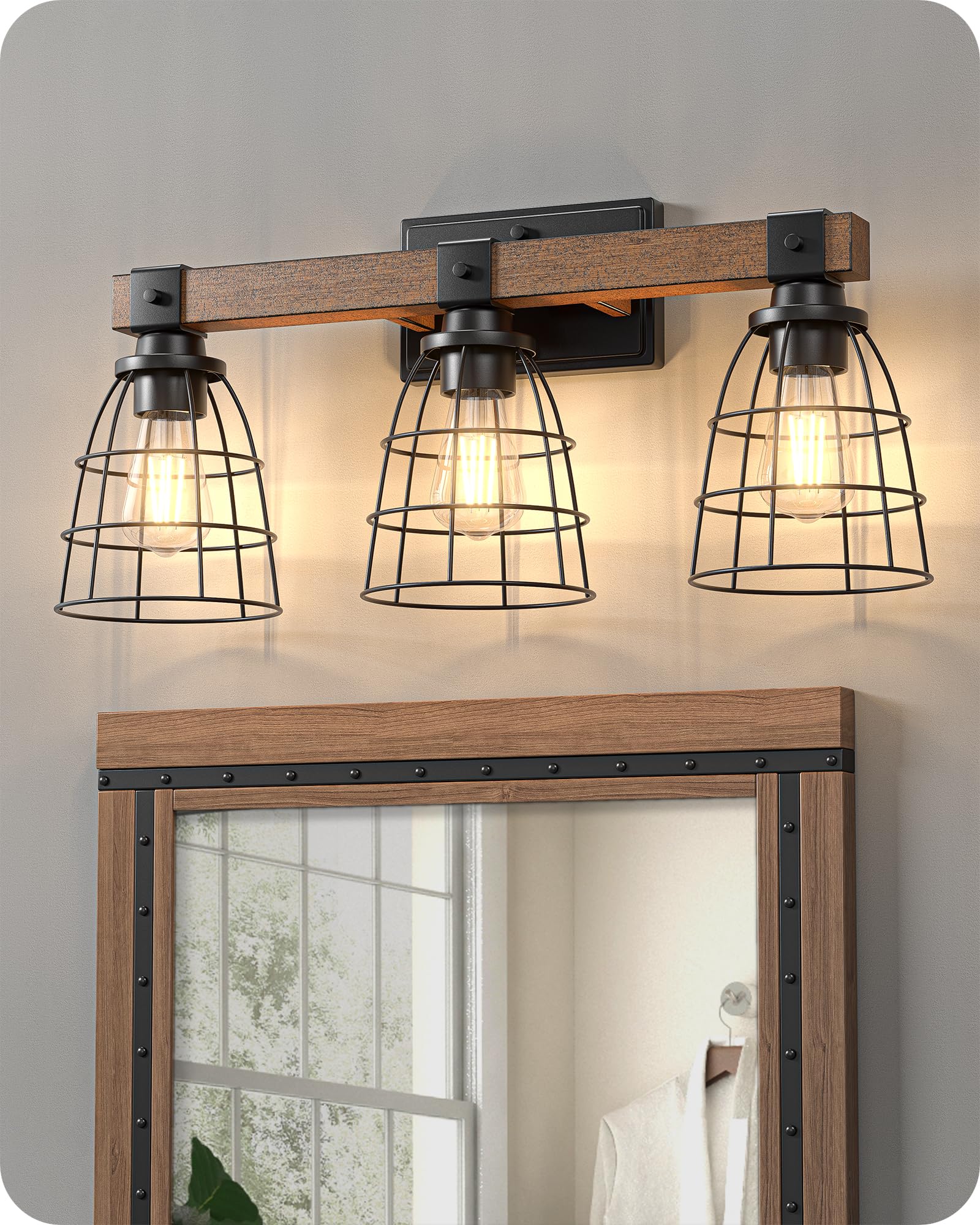 EDISHINE Large 24'' Farmhouse Vanity Lights for Bathroom, Industrial Painted Wood Bath Wall Sconces, 3-Light Bathroom Lighting Fixtures Over Mirror with Metal Cage for Powder Room - WoodArtSupply