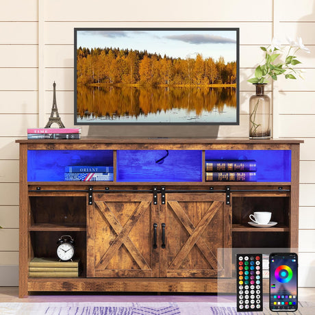 Vinctik 6&Fox 57” Wooden Farmhouse TV Stand for 60/65 inch TV,Double Layer Storage Entertainment Center TV Console Table,w Double-Row Sockets and 2 Sliding Barn Door,Media Cable Box(Vintage Brown) Vinctik 6&Fox
