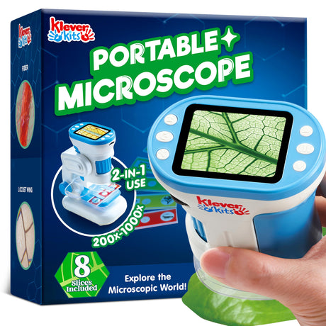 Klever Kits 2 in 1 Handheld Microscope for Kids, 1000X HD Digital Kids Microscope with 2.0'' LED Screen, Portable Pocket Handheld with Slides, 32G Card, Edu Gifts Toys for Ages 5-12 Klever Kits