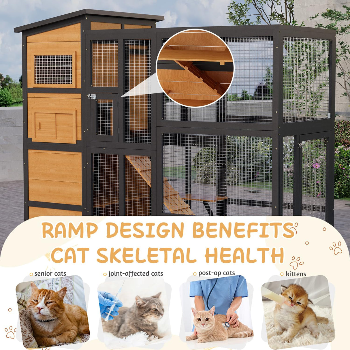 JFHID 4-Tier Cat Catio Enclosure with Weatherproof Roof, 3 Resting Rooms & Climbing Ramp, Large Outdoor Indoor Cat House Cage for Small Animals, Brown and Black JFHID