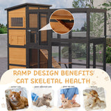 JFHID 4-Tier Cat Catio Enclosure with Weatherproof Roof, 3 Resting Rooms & Climbing Ramp, Large Outdoor Indoor Cat House Cage for Small Animals, Brown and Black JFHID