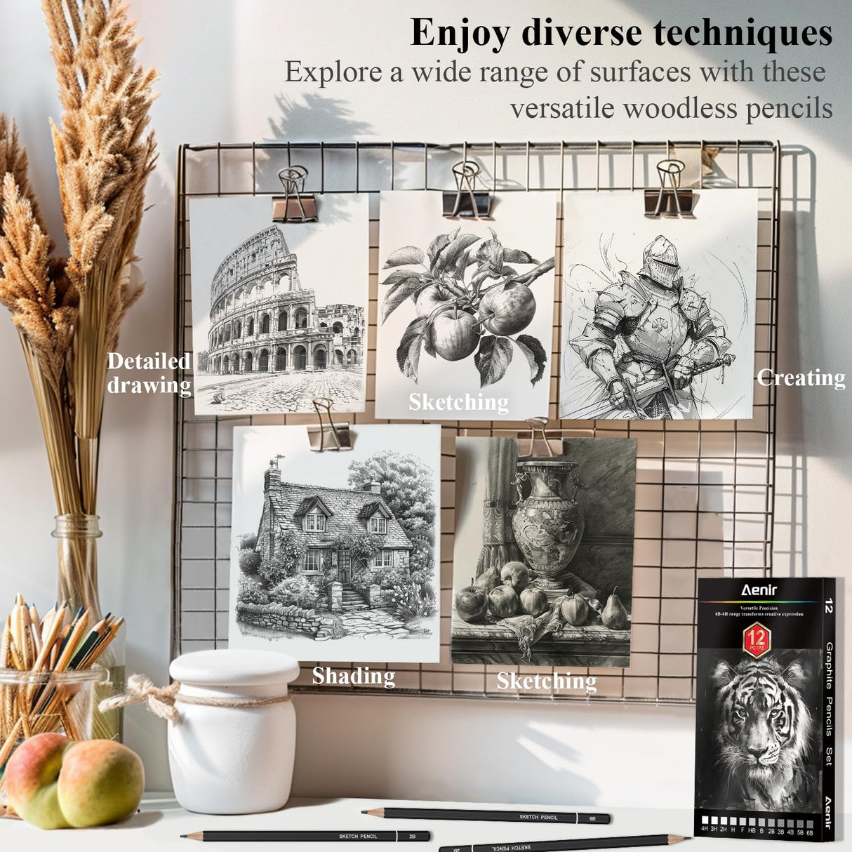 Sketch Pencils for Drawing, Set of 12 Drawing Pencils for Sketching Medium (6B - 4H), Artist Graphite Pencils, Sketch Set for Artists for Sketching Supplies, Art Supplies. Aenir