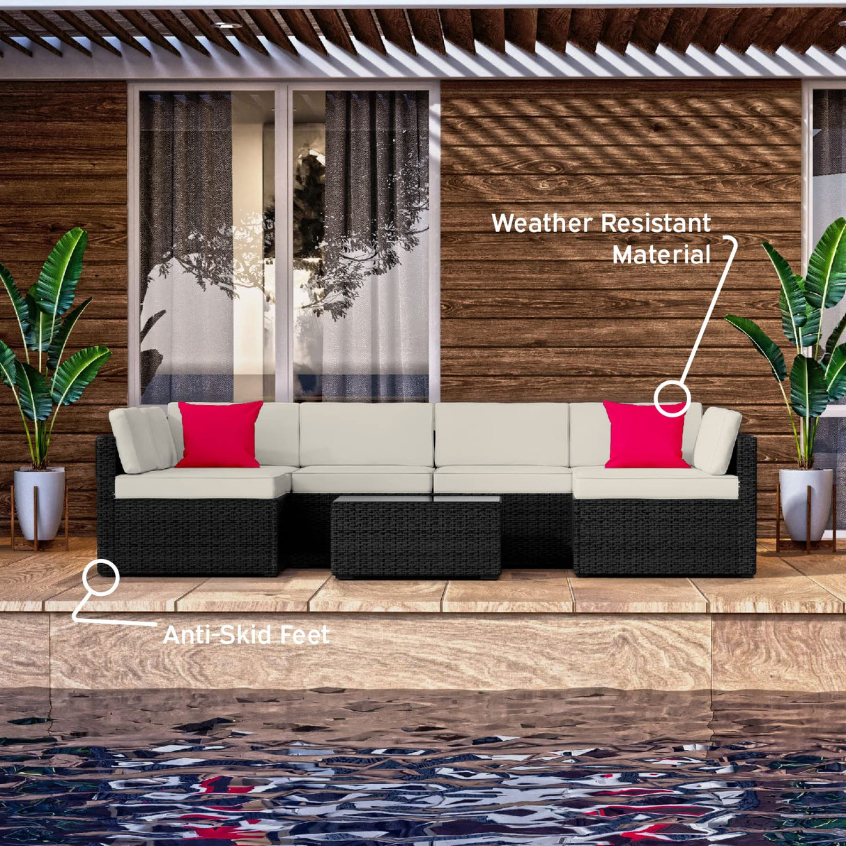 Nestl Patio Furniture Set – Outside Furniture Patio Set, 7 Piece Outdoor Patio Furniture Sets, Patio Conversation Sets with Patio Sectional, Black Wicker Patio Furniture Sets with Off White Cushions Nestl