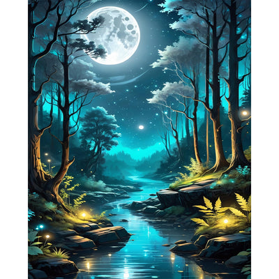 xackcme Moon Paint by Numbers for Adults - Landscape Paint by Number on Canvas Without Frame, DIY Forest Scenery Oil Painting for Gift Home Wall Decor (16x20 inch)