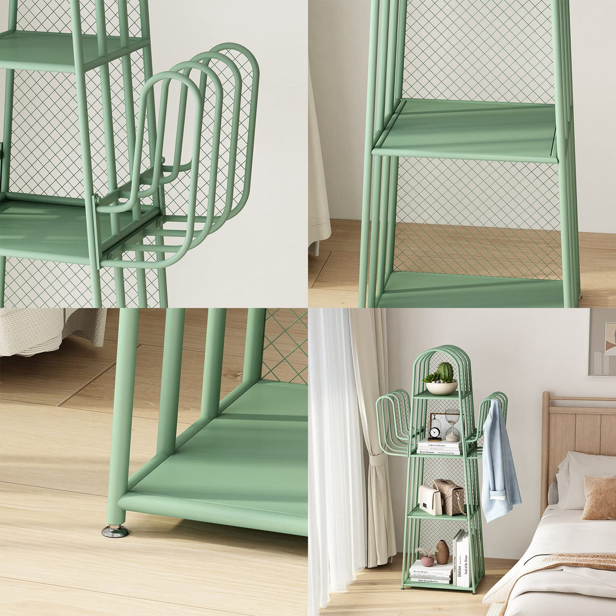 DOORXIF 4-Tier Ladder Green Bookshelves Freestanding, Cactus Bookcase Storage Organizer Closet Corner Metal Display Cabinet, Corner Green Bookshelf for Small Spaces, Green Bookcase for Bedroom Office DOORXIFO
