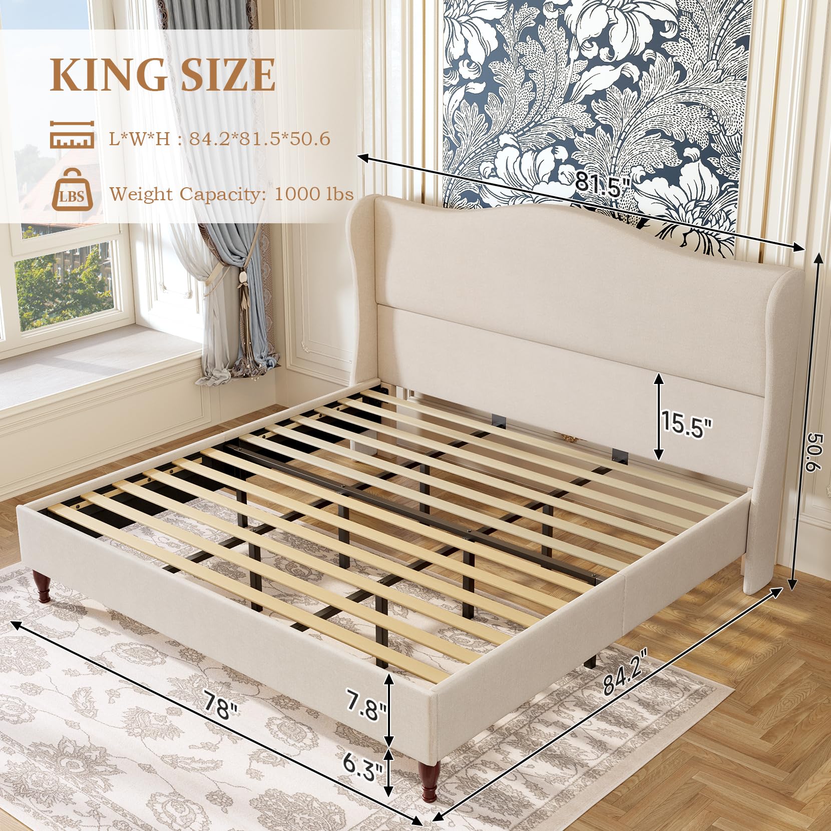 Koorlian King Size Upholstered Platform Bed with 51" Wingback Headboard - Retro Beige Design, No Box Spring Needed - WoodArtSupply