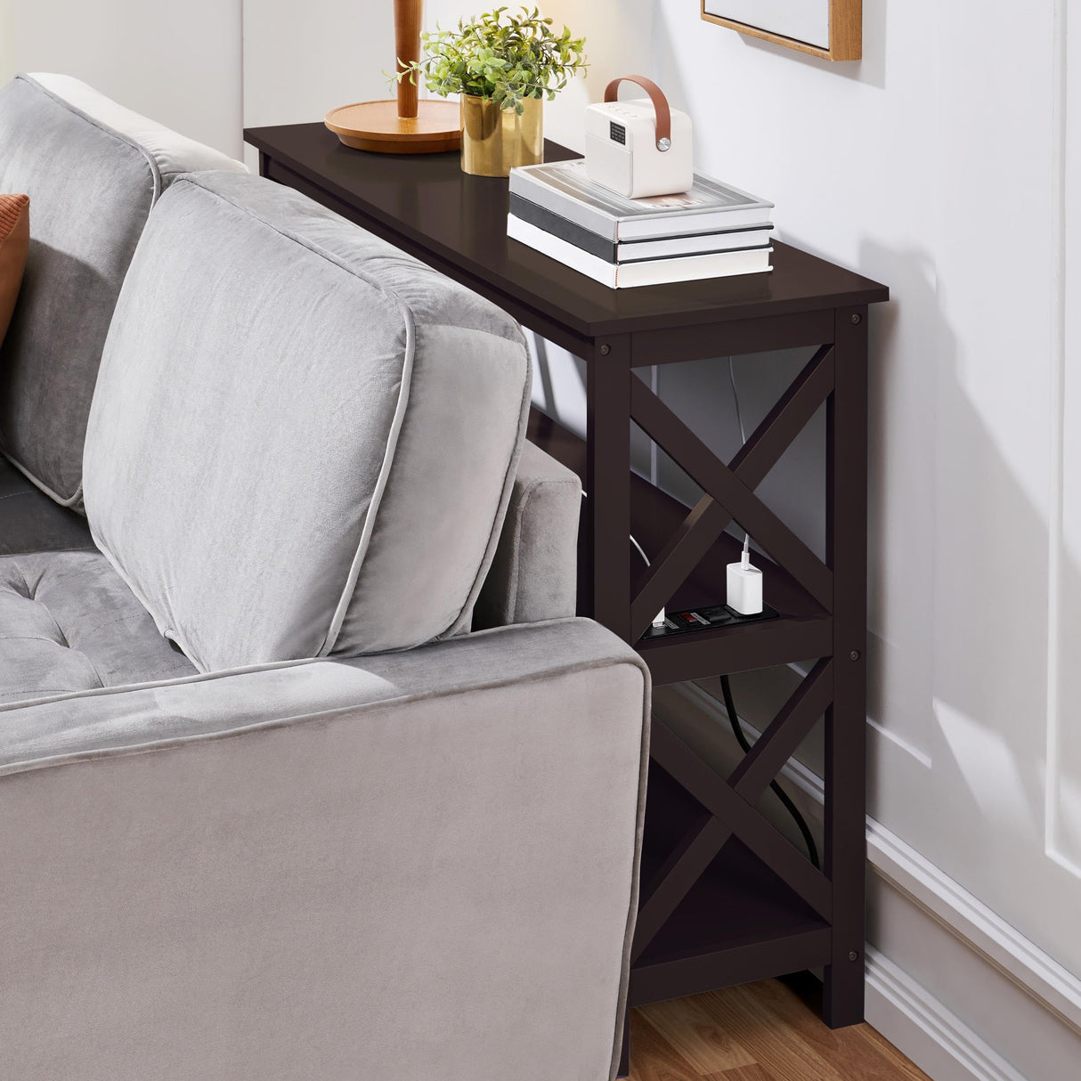 Yaheetech Console Table with Power Outlet, 3 Tier Narrow Sofa Couch Table with Storage Shelves, Wood Entryway Table Side Table for Living Room, Hallway, Entrance, Bedroom, Espresso Yaheetech