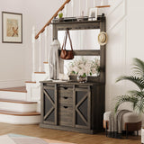 FinerFurnis 77 Inch Farmhouse Hall Tree Bench with 2 Mirrors, Shoe Storage, Coat Rack, Sliding Barn Doors, Wooden Entryway Organizer Furniture for Apartments, Mudroom, Deep Oak FinerFurnis