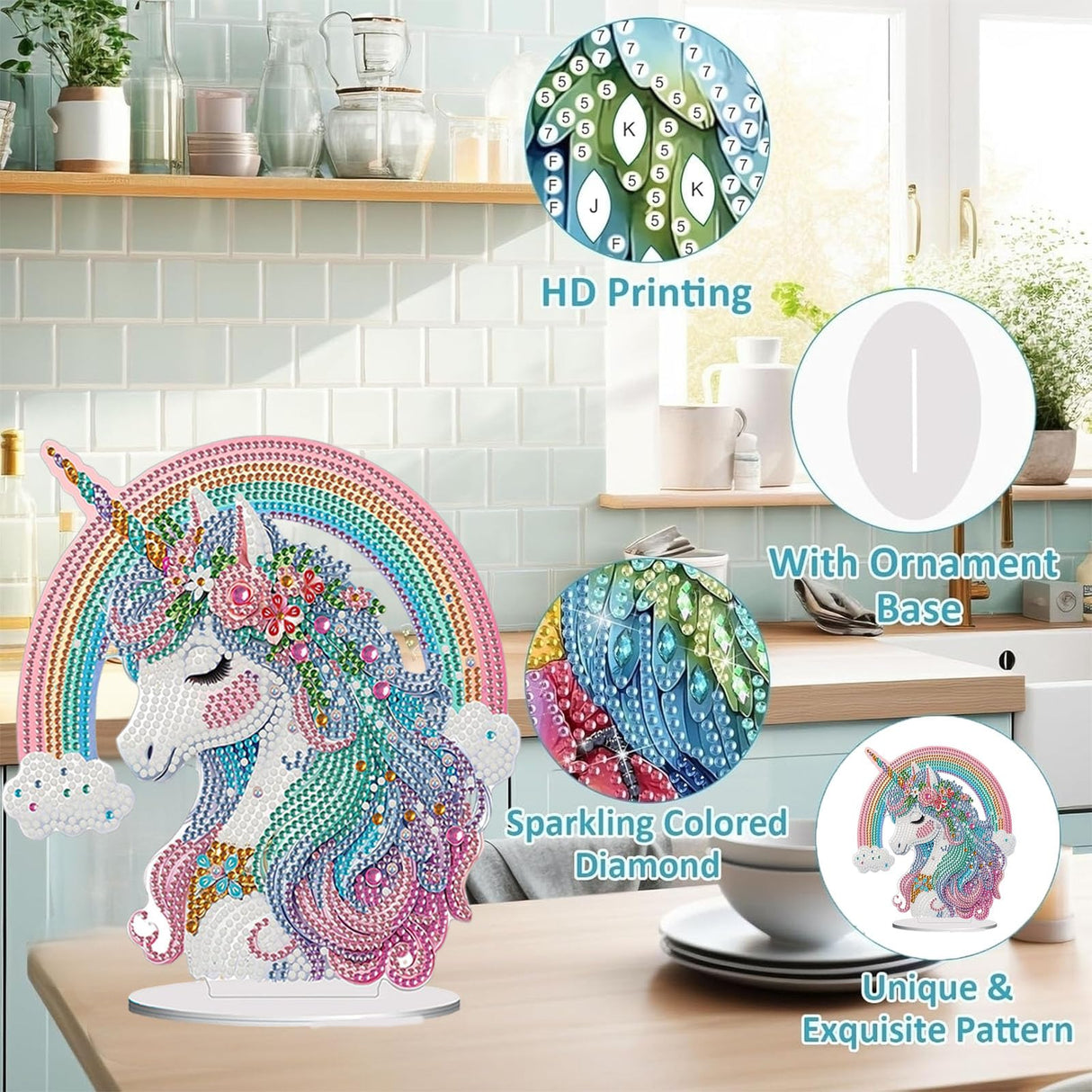 Diamond Painting Kits for Adults Beginners, 5D Full Drill Rainbow Pony Crystal Art Desktop Ornament, DIY Single Sided Home Office Desk Decor, Creative Craft Gift Set with Tools OFRKE