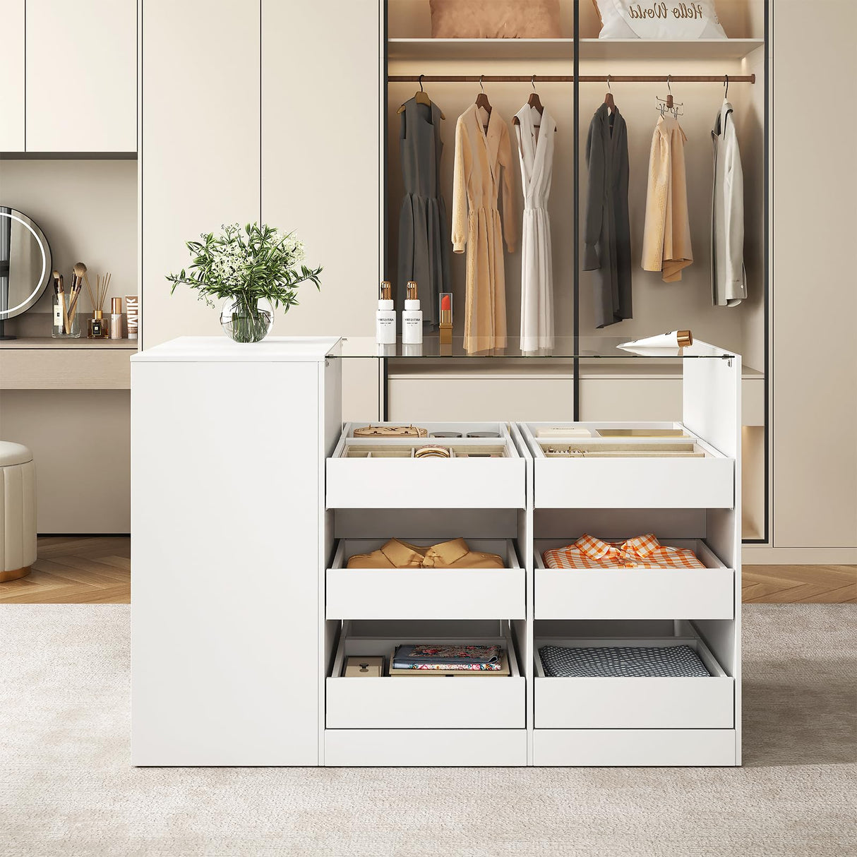 LIVAUVEAD Closet Island with Drawers, Wardrobe Armoire Bedroom Island, Glass Display Shelf & 15 Drawers, White Dresser with Glass Top, Walk-in Closet Island for Bedroom, Cloakroom LIVAUVEAD