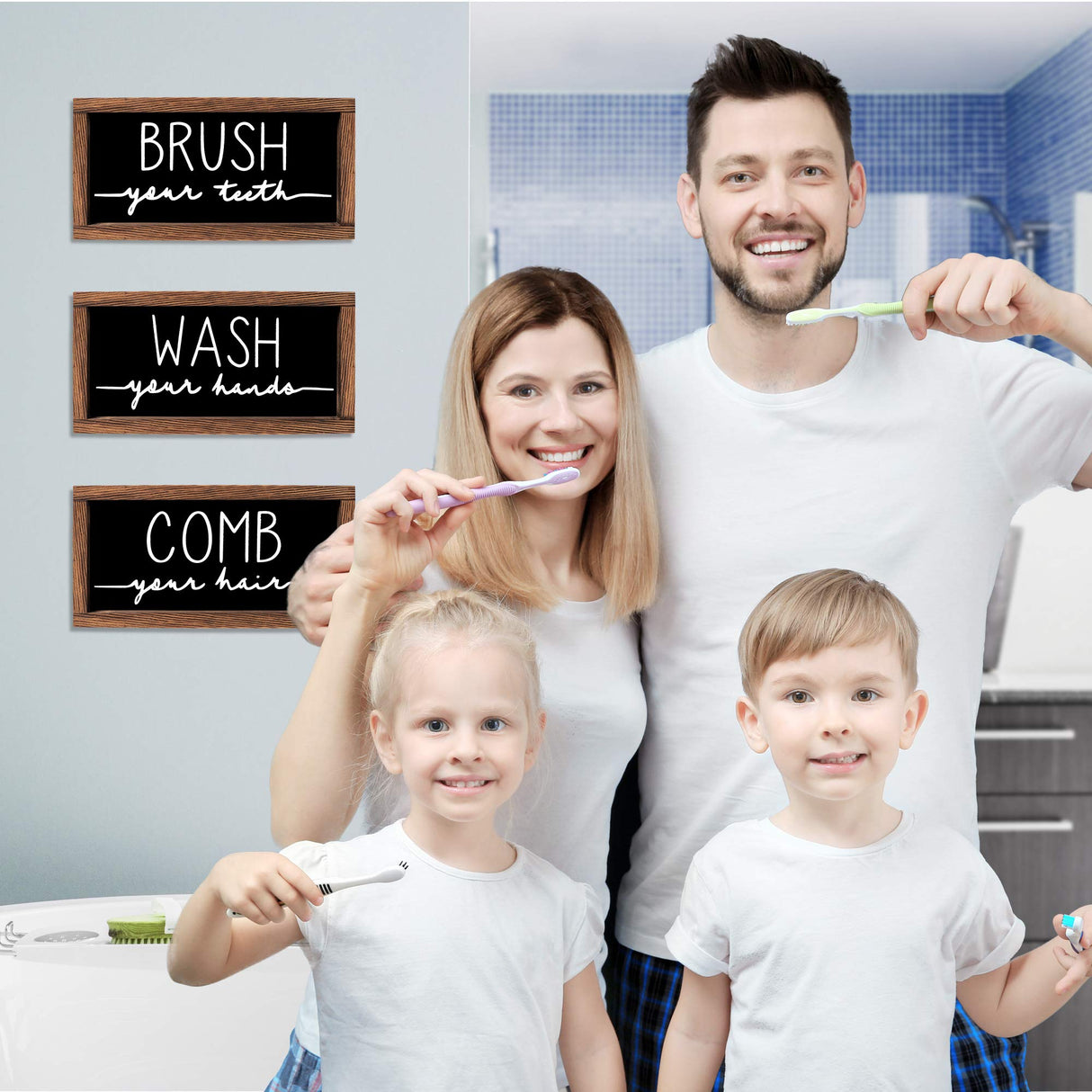 LIBWYS Bathroom Sign & Plaque (Set of 3) Wash Your Hands Brush Your Teeth Comb Your Hair Decorative Rustic Wood Farmhouse Bathroom Wall Decor (Black) LIBWYS