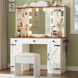 IRONCK Vanity Desk with Mirror and Lights, Farmhouse Makeup Vanity with Charging Station & Vanity Stool, Vanity Table with 3 Large Drawers and 2 Cabinets for Women Girls Bedroom, White IRONCK