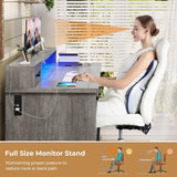 BTHFST Farmhouse Executive Desk with File Drawer, Computer Desk with Charging Station & LED Lights, Home Office Desk with Drawers & Storage Cabinet, Executive Office Desk with Monitor Stand, Grey BTHFST