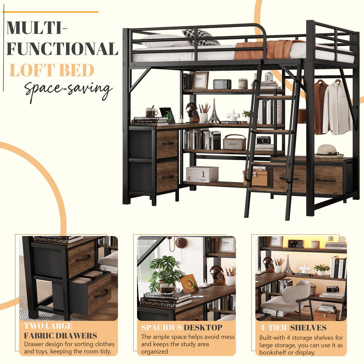 Loft Bed Queen Size with Desk and Charging Station, Metal Loft Beds Frame with LED Lights, Bookcase & 4 Fabric Storage Drawers & Bench, Adults Loft Beds with Wardrobe -Safety Guard & Ladder, Black Mirightone
