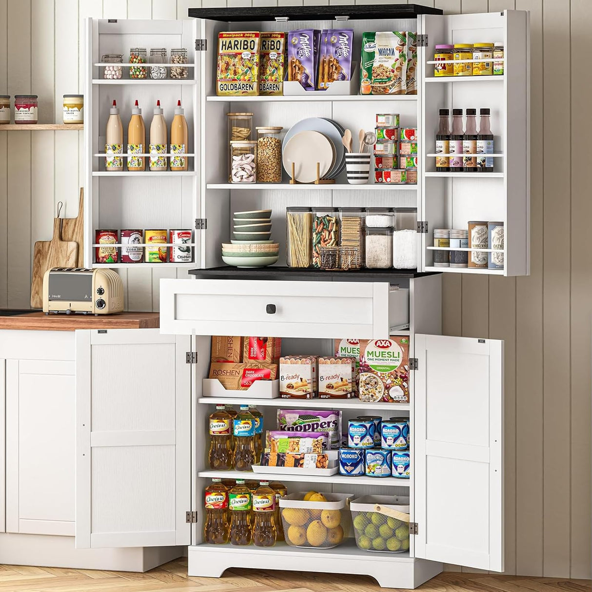 72" Farmhouse Kitchen Pantry Cabinet with Adjustable Shelves and Drawer, Rustic Storage Organizer with Countertop and Door Shelving, Tall Wooden Cupboard for Kitchen, Dining Room, Off White PLYFOU