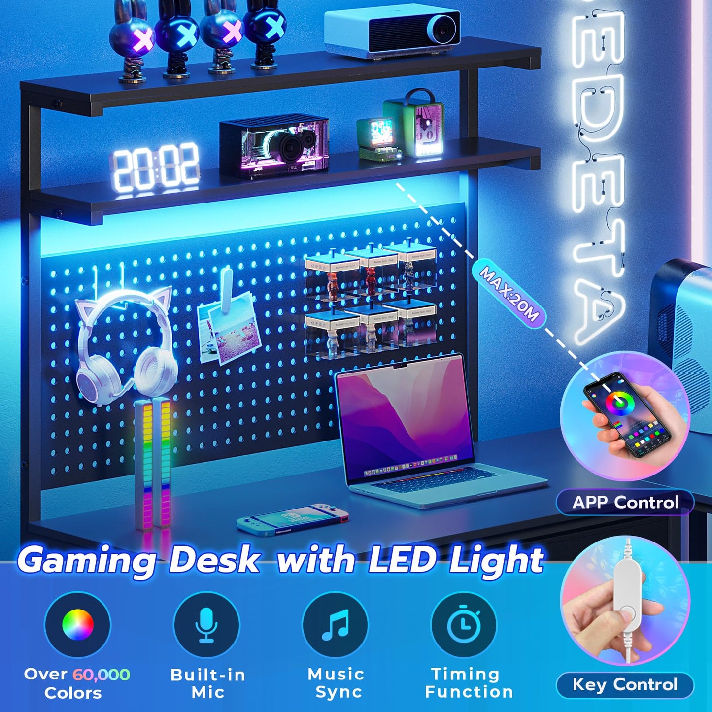 SEDETA L Shaped Gaming Desk with LED Lights, Pegboard and Drawers, Gaming Desk with Hutch, Computer Desk with Monitor Stand, Storage Shelves, Home Office Desk Corner Desk, Gaming Table, Black