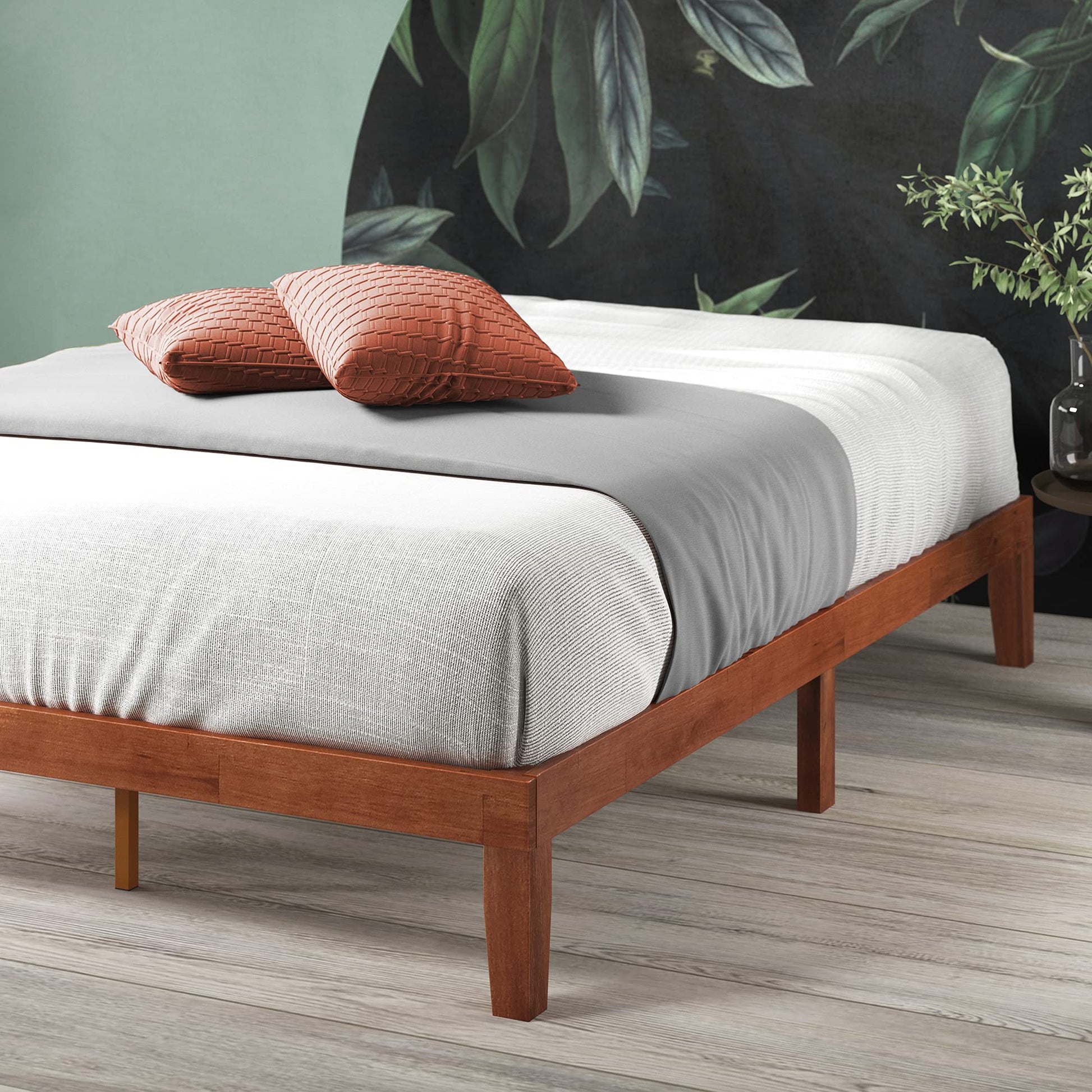 ZINUS Wen Wood King Platform Bed Frame with Solid Wood Slat Support in Cherry Finish - WoodArtSupply