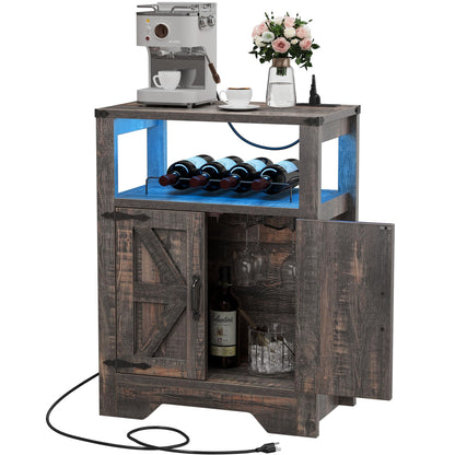 DWVO Wine Cabinet w/Power Outlets & LED Lights, 31.5" Farmhouse Bar Cabinet w/Wine Rack, Coffee Bar w/Glass Holder, Small Alcohol Cabinet w/Barn Door for Kitchen Dining Room, Dark Rustic Oak