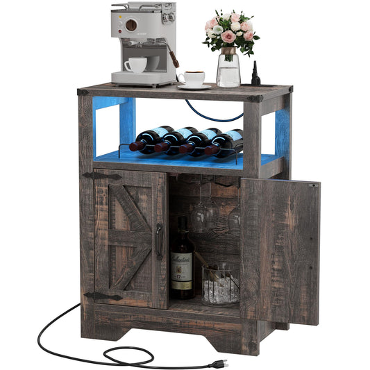 DWVO Wine Cabinet w/Power Outlets & LED Lights, 31.5" Farmhouse Bar Cabinet w/Wine Rack, Coffee Bar w/Glass Holder, Small Alcohol Cabinet w/Barn Door for Kitchen Dining Room, Dark Rustic Oak - WoodArtSupply