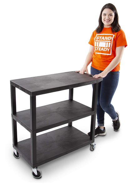 Stand Steady Tubstr 3 Flat Top Shelf Utility Cart Supports Up to 400 lbs - Heavy-Duty Plastic Service Push Cart with Three Flat Shelves, for Offices,