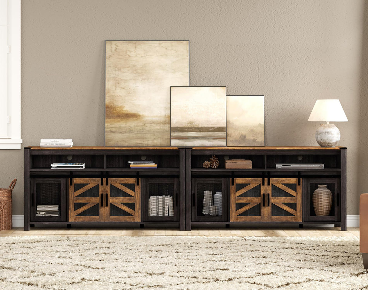 WAMPAT Set of 2 Farmhouse TV Stands with Mesh & Barn Doors for 100+ Inch TV, Antique Black & Brown 118" Entertainment Center with Open Storage Shelf, 2-in-1 Media Console for Living Room, Bedroom WAMPAT